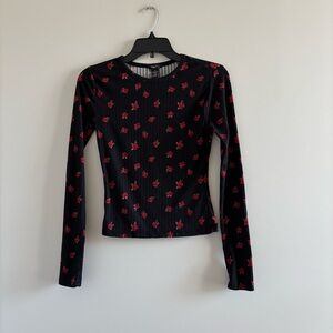 90s Rue 21 Top Black Red Rose Floral Long Sleeve Womens XS Whimsigoth Y2K Grunge
